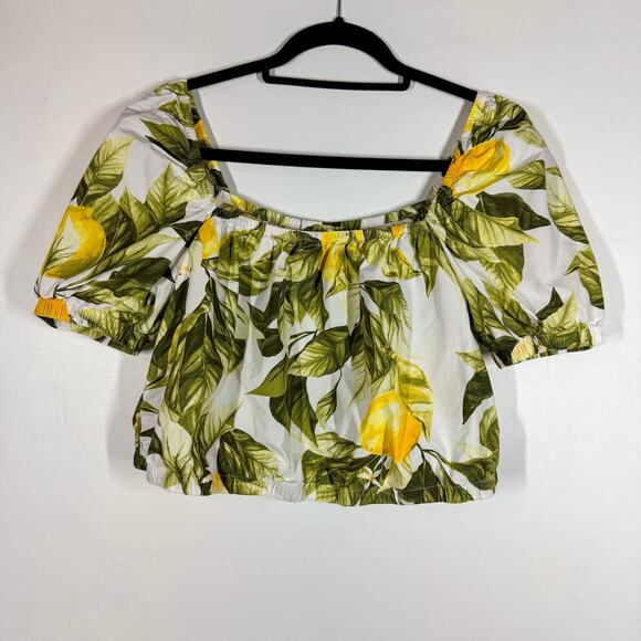 H&M Puff Sleeve Lemon Fruit Print Square Neck Crop Top Size M Cotton Cottage - Picture 1 of 7